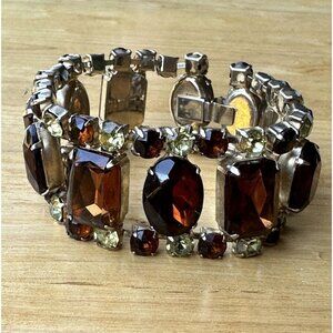 Vintage Link Bracelet Size 7 Amber Yellow Rhinestones Crystal Glass Gold‎ Plated